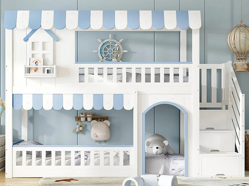 Cama alta 90x200 cm - escada con armazenamento - con somier de ripas - madeira maciça + MDF - Branco + Azul​ (sem colchão)