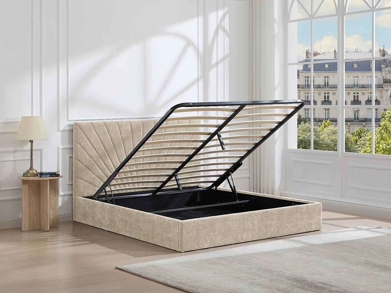 Lit coffre 160 x 200 cm - Tissu texturé - Beige + Matelas - RIBIOLA