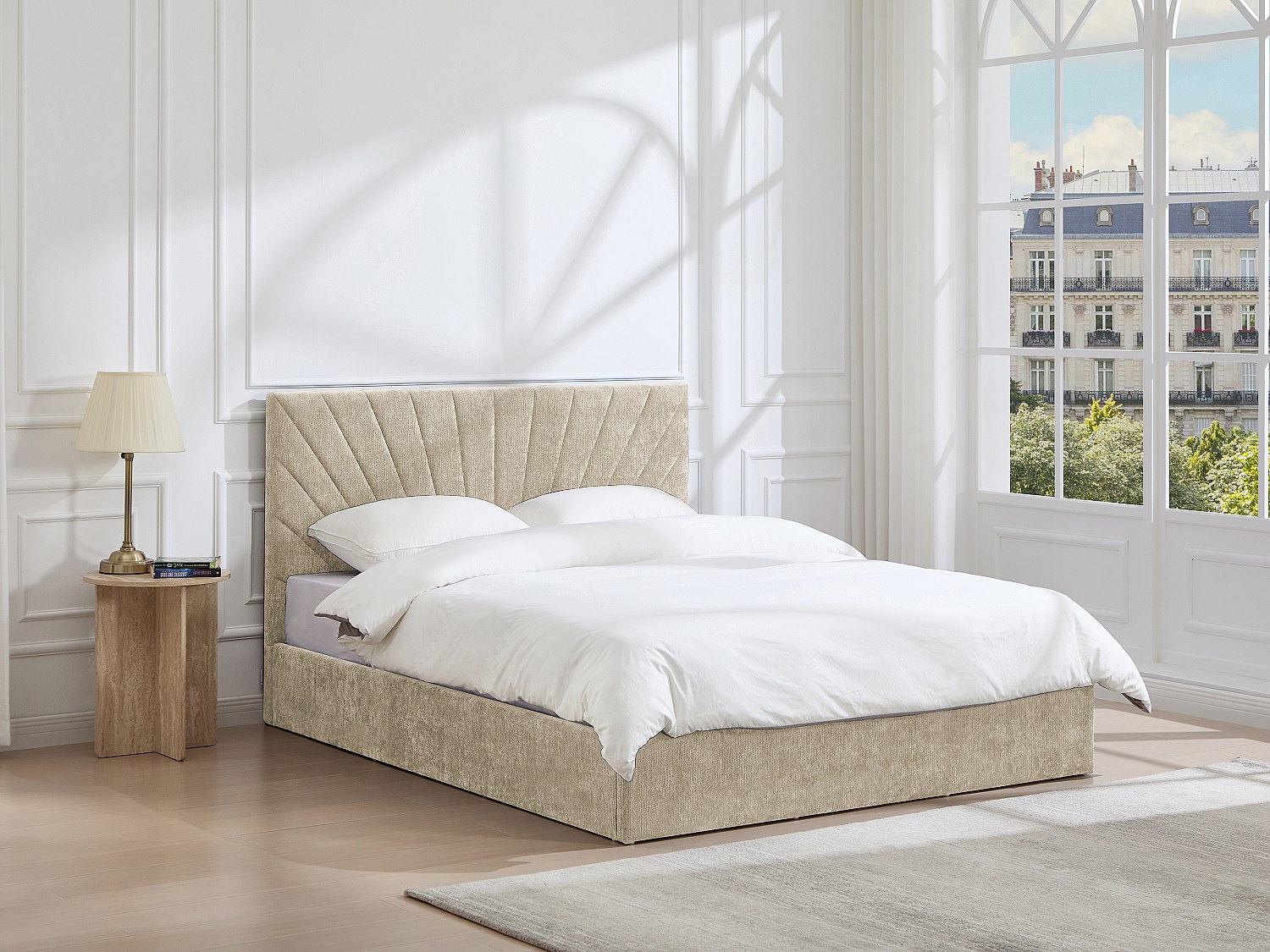Bett mit Stauraum 160 x 200 cm – Strukturiertes Gewebe – Beige + Matratze – RIBIOLA