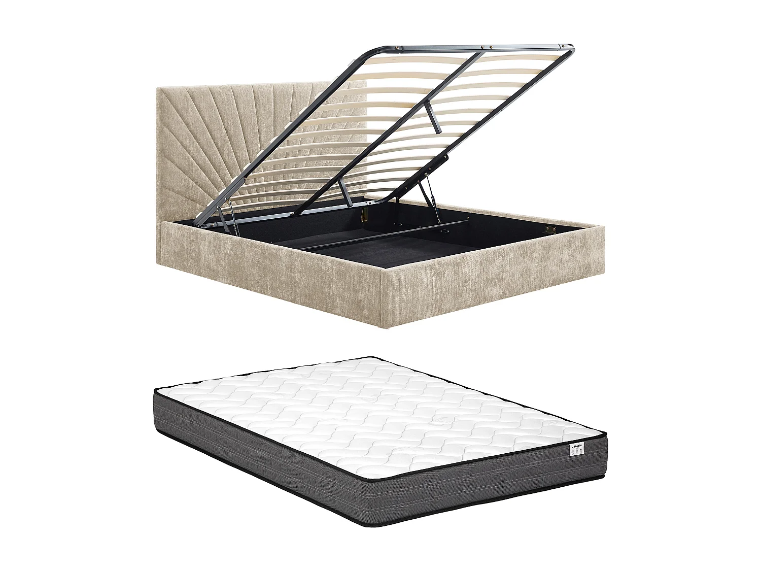 Lit coffre 160 x 200 cm - Tissu texturé - Beige + Matelas - RIBIOLA