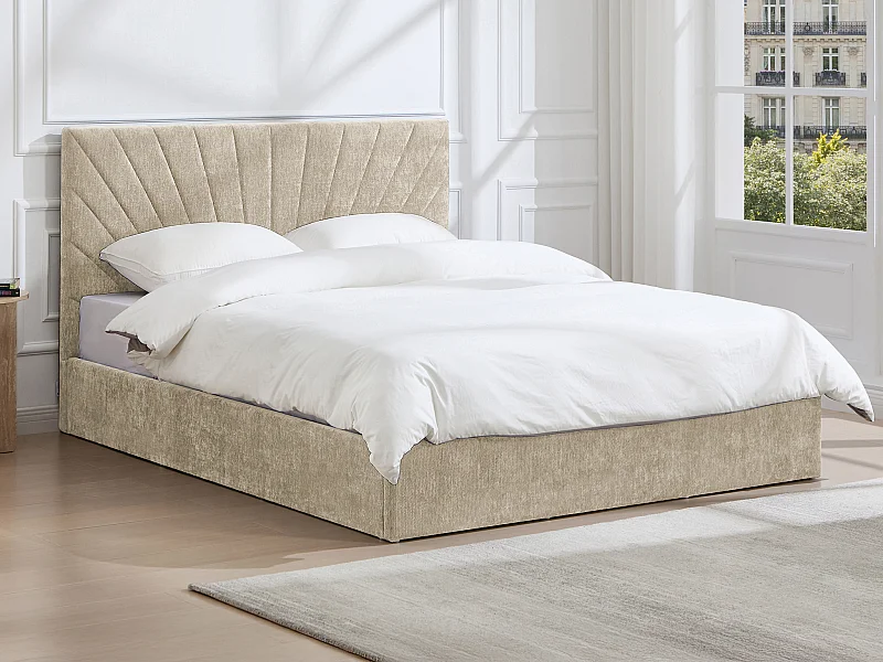 Bett mit Stauraum 180 x 200 cm – Strukturiertes Gewebe – Beige + Matratze – RIBIOLA