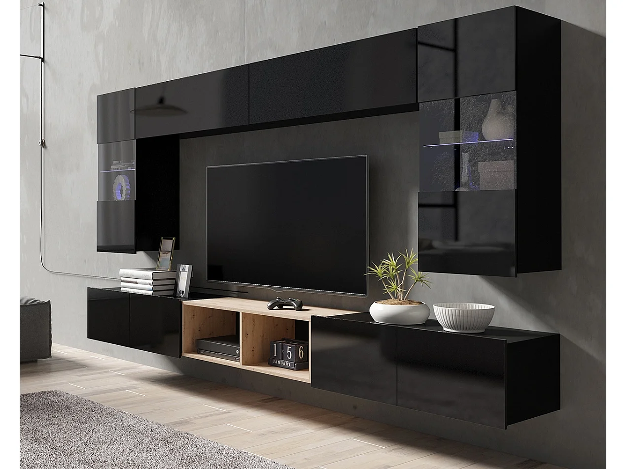 Ensemble Mural Montreal XIII - Noir Brillant & Chêne Artisan - LED Blanc