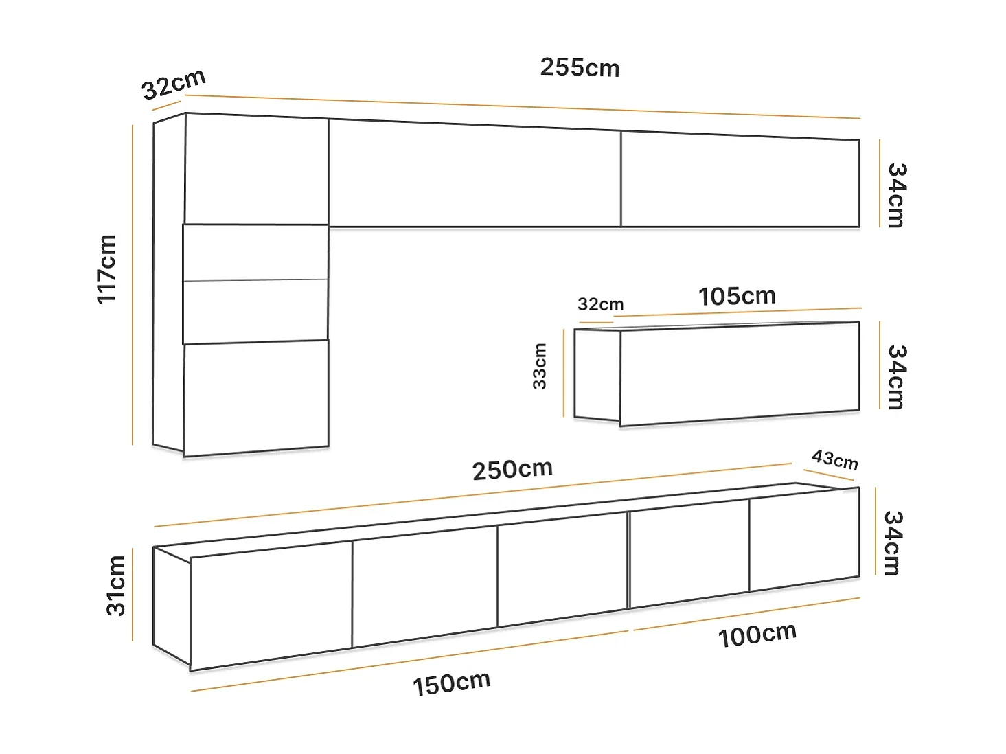 Ensemble Mural Montreal III - Chêne Doré - LED Bleu