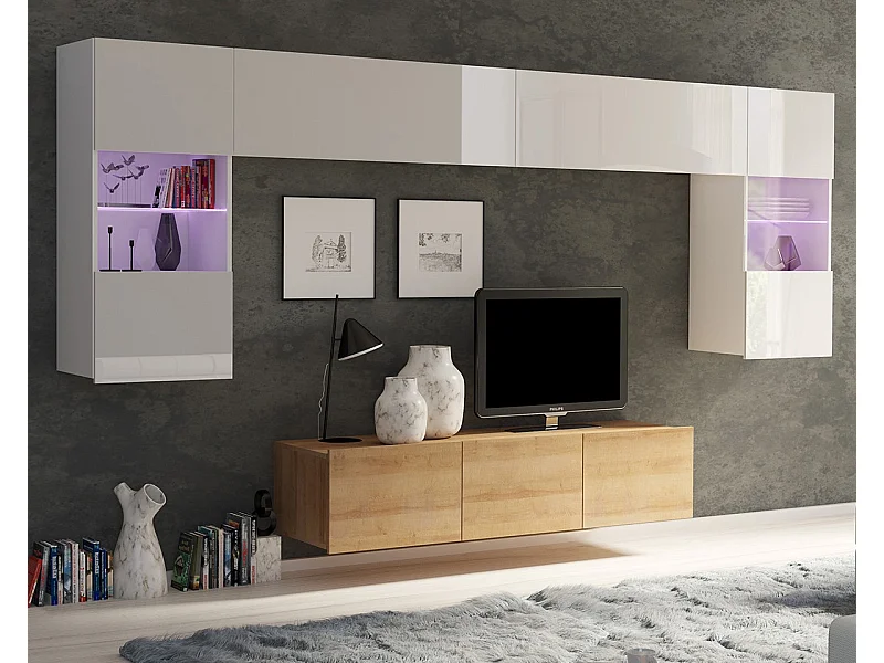 Ensemble Mural Montreal II - Blanc & Chêne Doré - LED Bleu