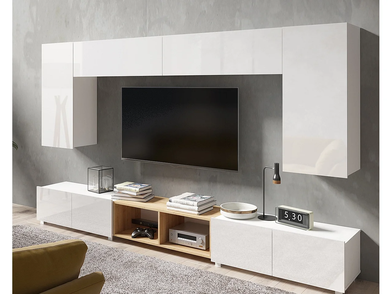 Ensemble Mural Montreal XII - Blanc Brillant & Chêne Doré