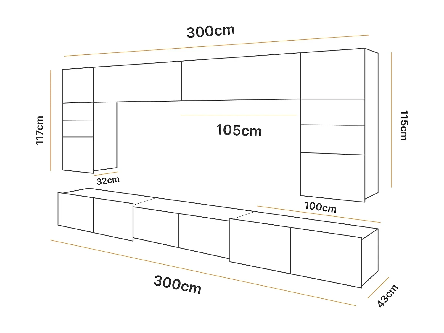 Ensemble Mural Montreal XIII - Blanc Brillant & Chêne Doré - LED Bleu