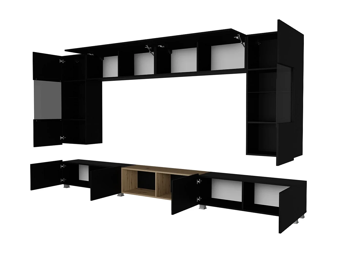 Ensemble Mural Montreal XIII - Blanc Brillant & Chêne Doré - LED Bleu