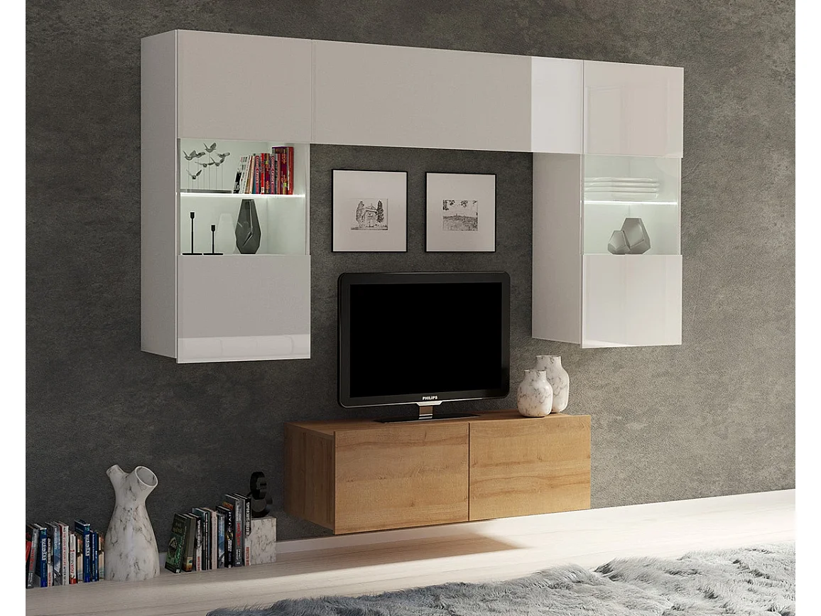 Petit Ensemble Mural Montreal VI - Blanc Brillant & Chêne Doré - LED Bleu