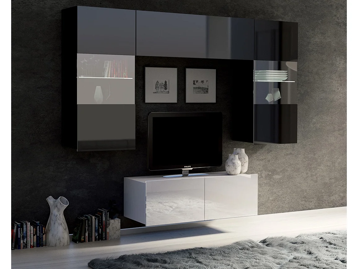 Petit Ensemble Mural Montreal VI - Noir & Blanc Brillant - LED Bleu