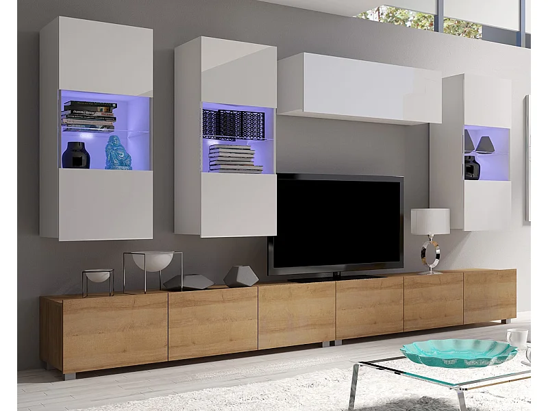 Ensemble Mural Montreal IV - Blanc Brillant & Chêne Doré - LED Blanc