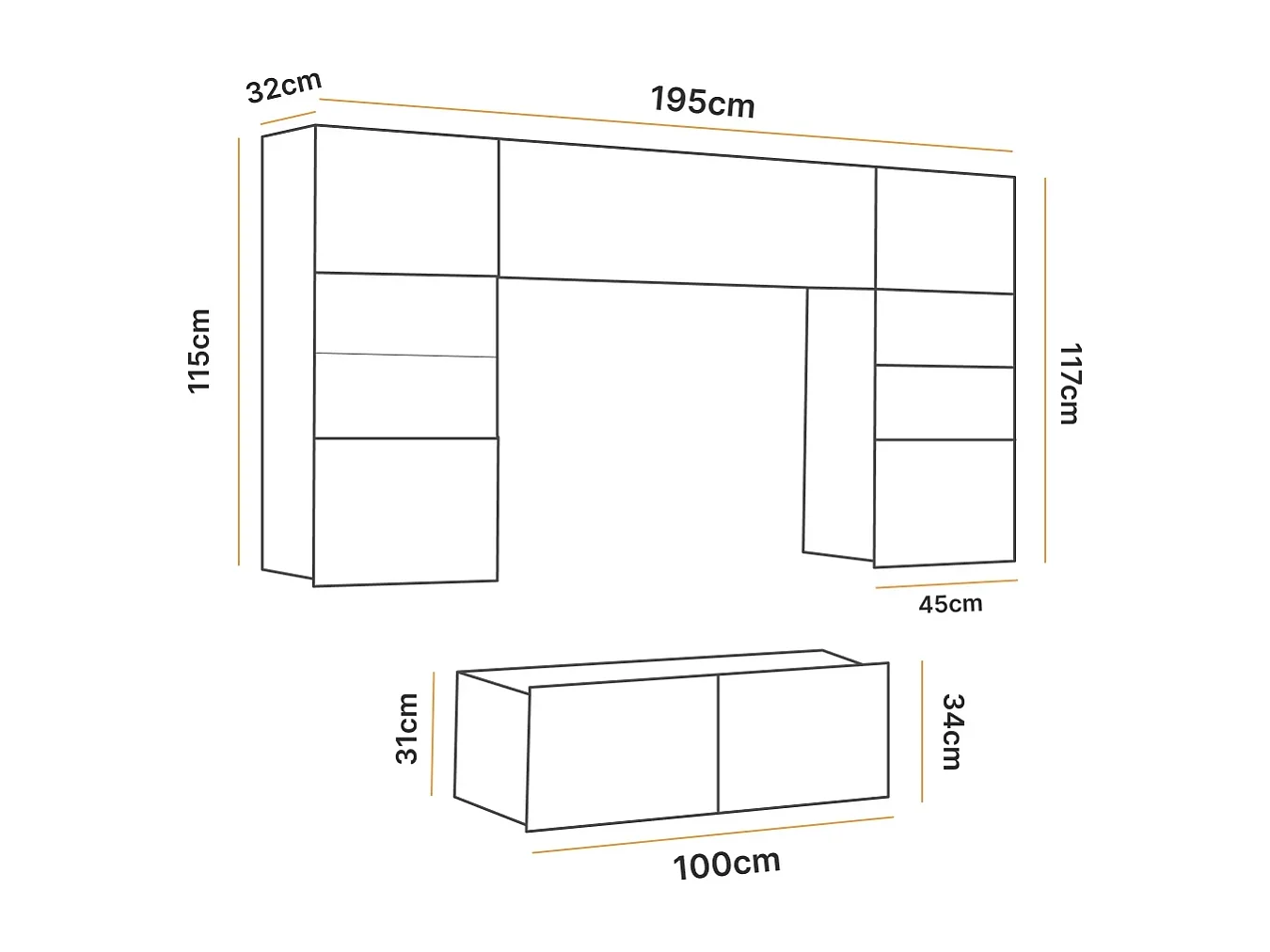 Petit Ensemble Mural Montreal VI - Chêne Doré - LED Bleu
