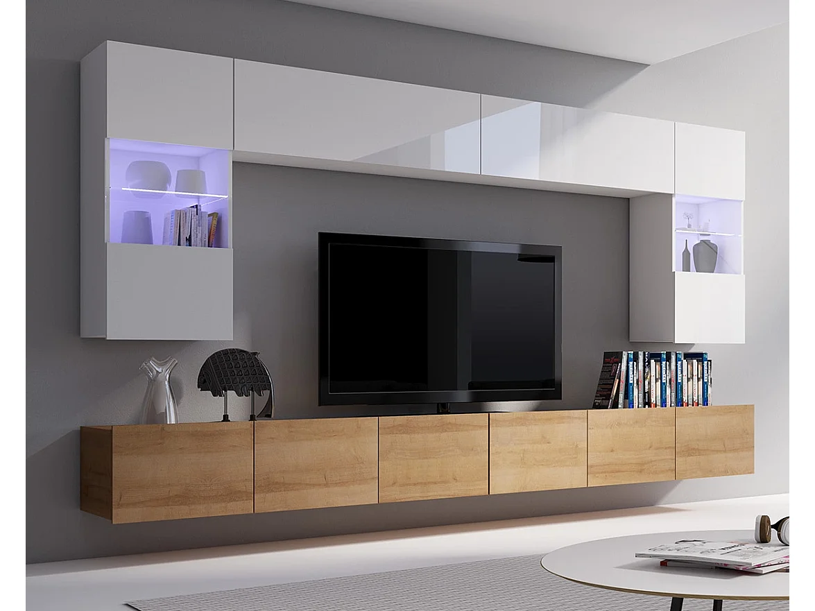 Ensemble Mural Montreal I - Blanc Brillant & Chêne Doré - Sans LED