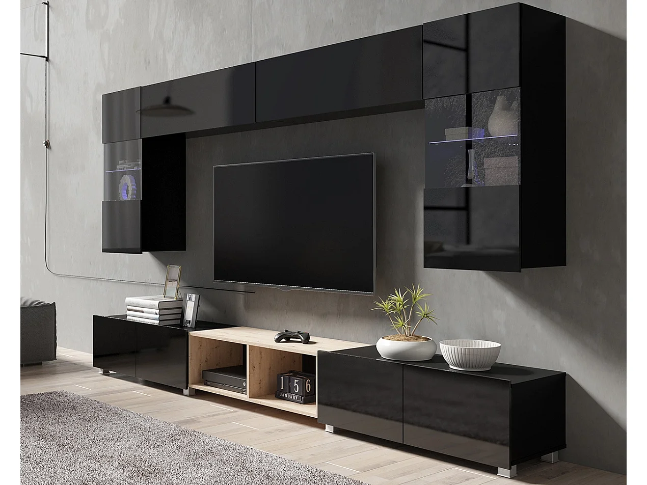 Ensemble Mural Montreal XIII - Noir Brillant & Chêne Artisan - LED Bleu