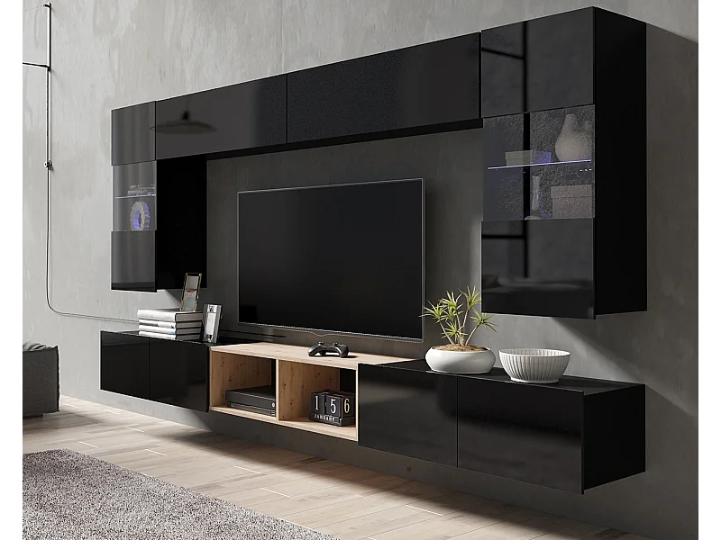 Ensemble Mural Montreal XIII - Noir Brillant & Chêne Artisan - LED Bleu