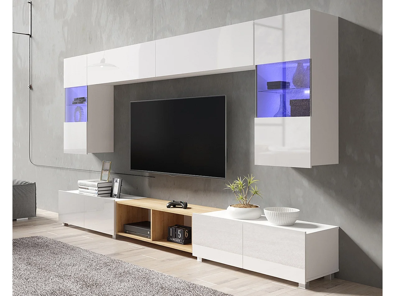 Ensemble Mural Montreal XIII - Blanc Brillant & Chêne Doré - LED Blanc