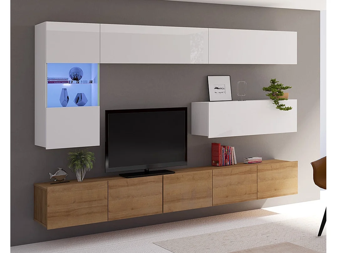 Ensemble Mural Montreal III - Blanc Brillant & Chêne Doré - LED Bleu