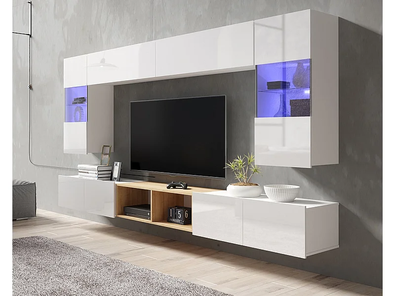 Ensemble Mural Montreal XIII - Blanc Brillant & Chêne Doré - Vitrines