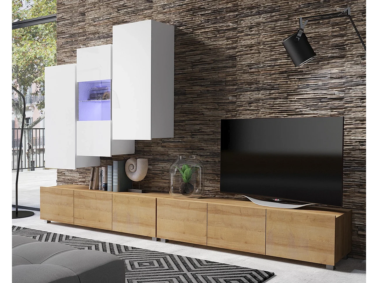 Ensemble Mural Montreal IX - Blanc Brillant & Chêne Doré - LED Blanc