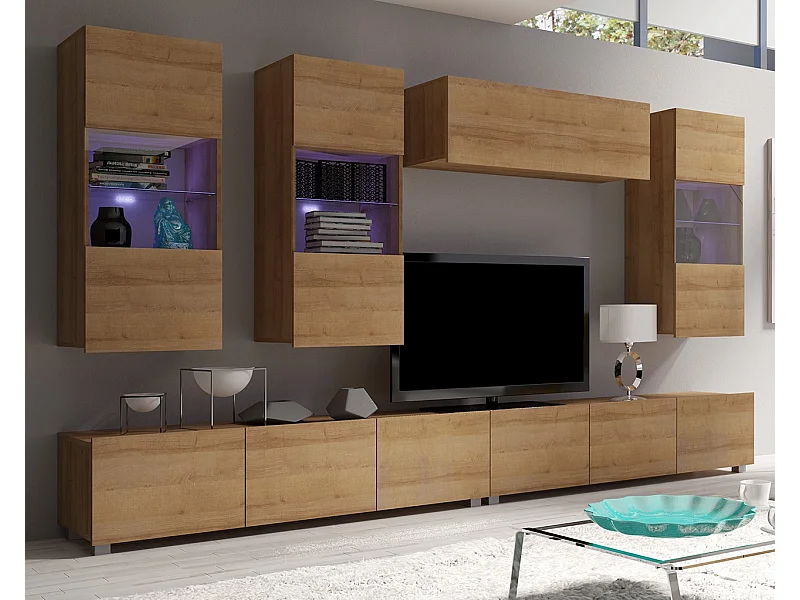 Ensemble Mural Montreal IV - Chêne Doré - LED Bleu