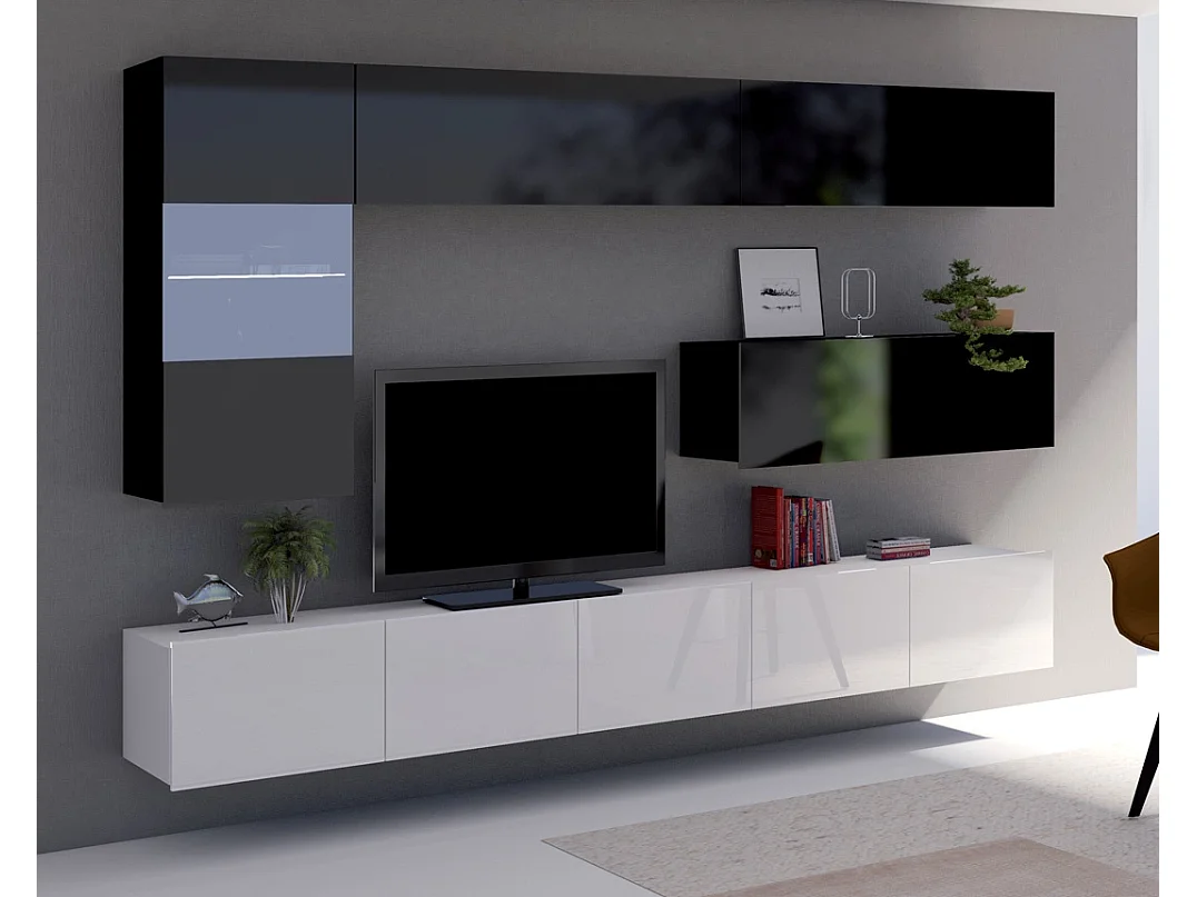 Wohnwand Montreal III - Schwarz & Weiß Hochglanz - Weiße LED
