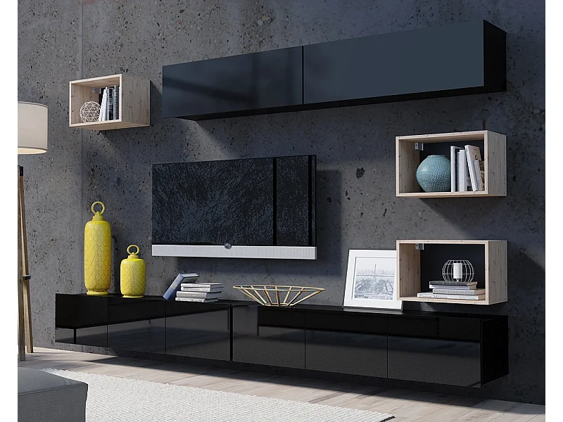 Ensemble Mural Montreal XVIII - Noir Brillant & Chêne Artisan