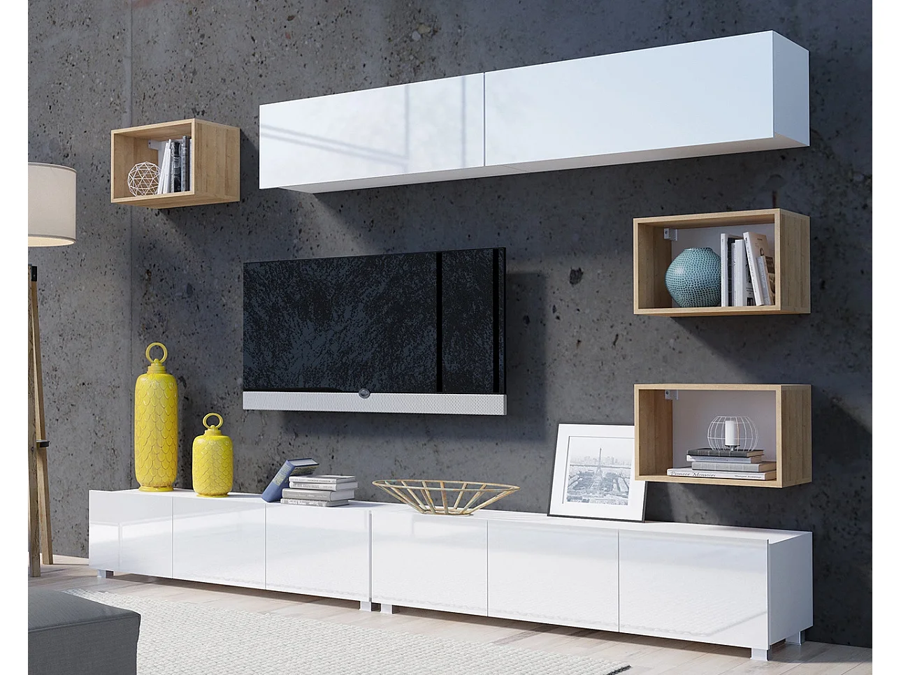 Ensemble Mural Montreal XVIII - Blanc Brillant & Chêne Doré