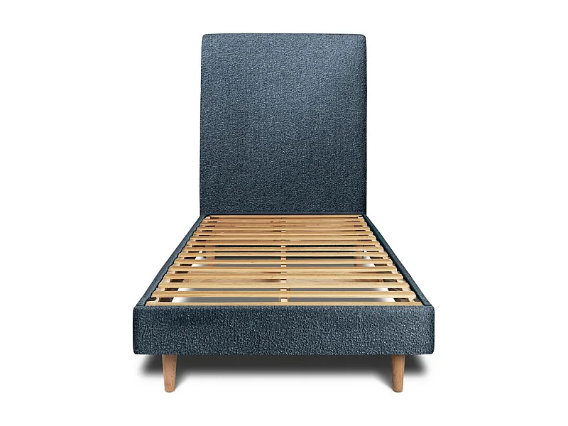 Lit 90x190cm avec tête de lit tapissier bouclette et sommier kit Bleu - Hauteur totale : 29cm