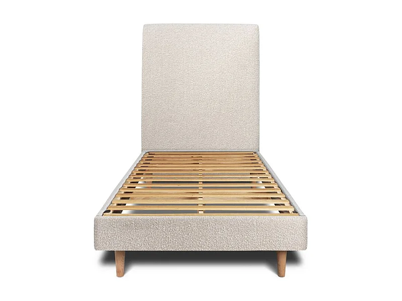 Lit 90x190cm avec tête de lit tapissier bouclette et sommier kit Beige - Hauteur totale : 29cm