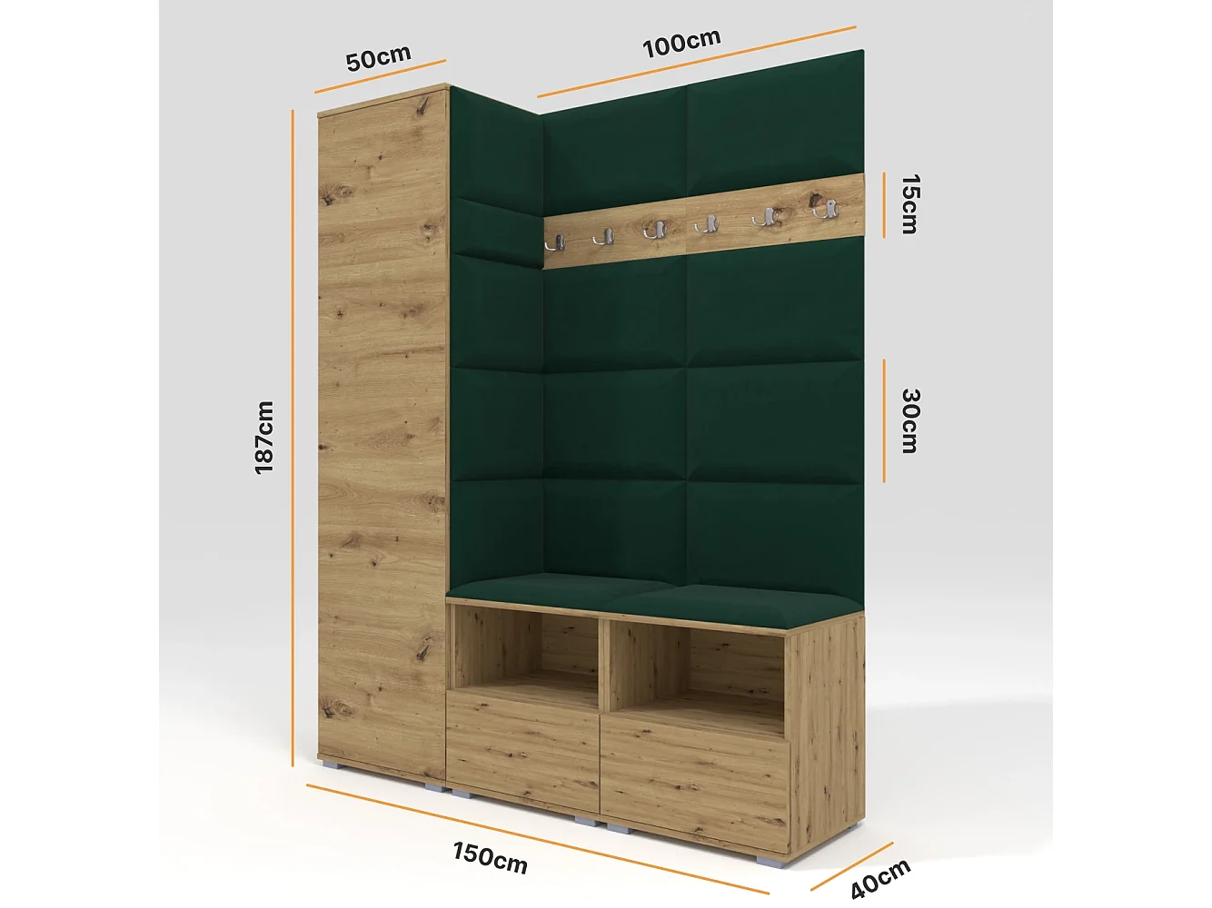 Halcombinatie Nela II - 150 cm - Artisan Eiken - Trinity 28 - Flessengroen