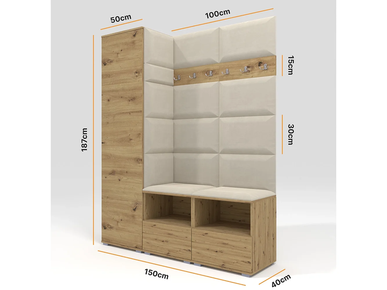 Vestiaire Nela II - 150 cm - Chêne Artisan - Trinity 01 - Crème