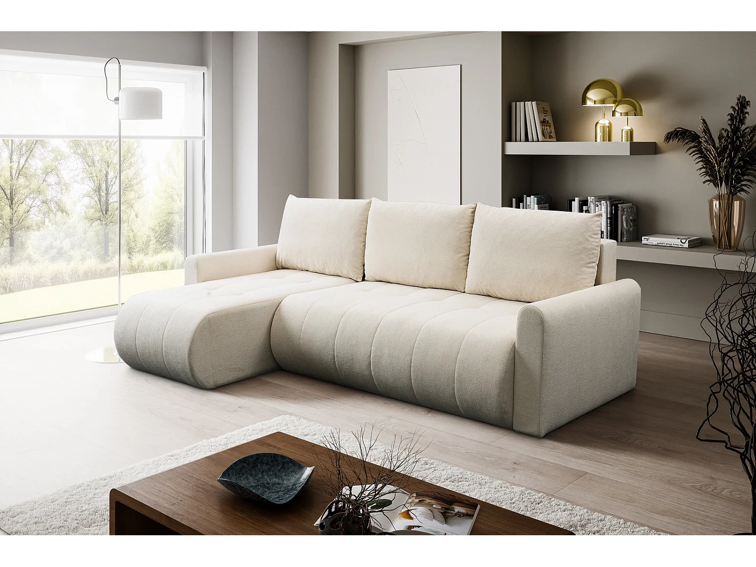 Hoekbank met Slaapfunctie Primo - Geweven Stof Crème Gerra 10 - Opbergruimte