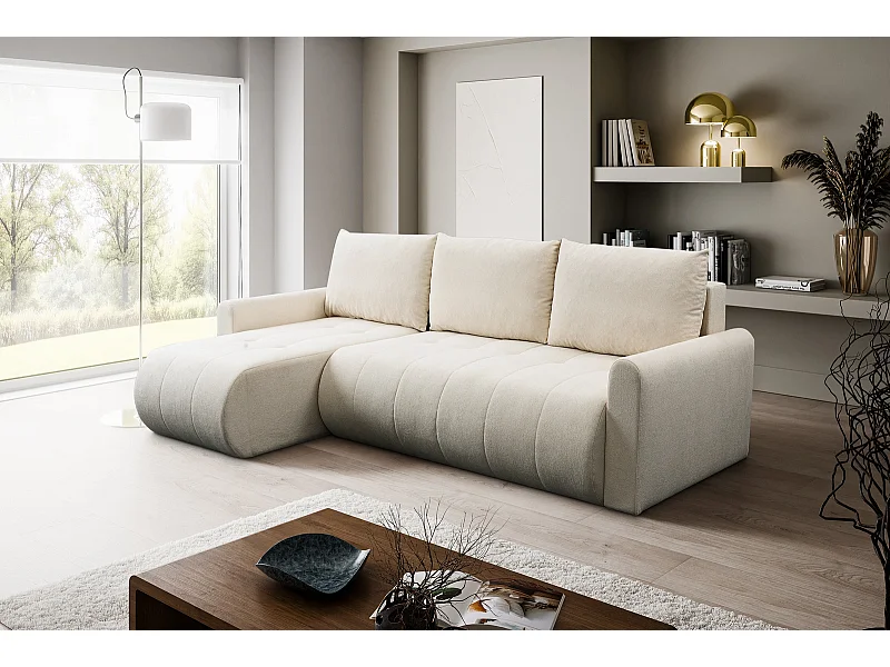 Hoekbank met Slaapfunctie Primo - Geweven Stof Crème Gerra 10 - Opbergruimte