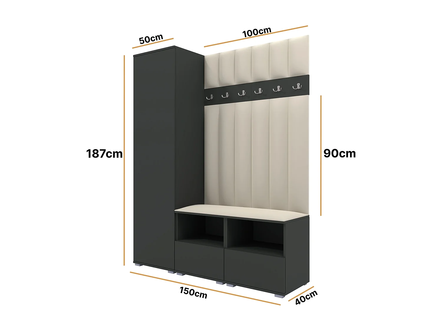 Garderobe Nela II LUX - 150 cm - Graphit - Trinity 01 - Creme