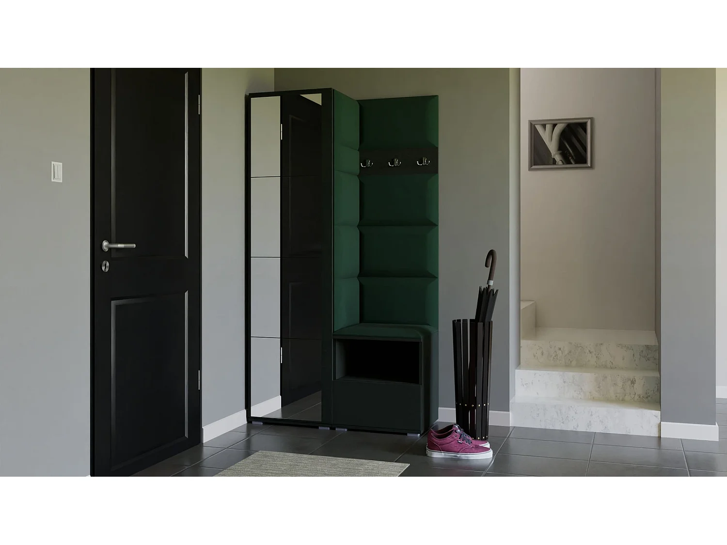 Garderobe Nela I mit Spiegel - 100 cm - Graphit - Trinity 28 - Flaschengrün