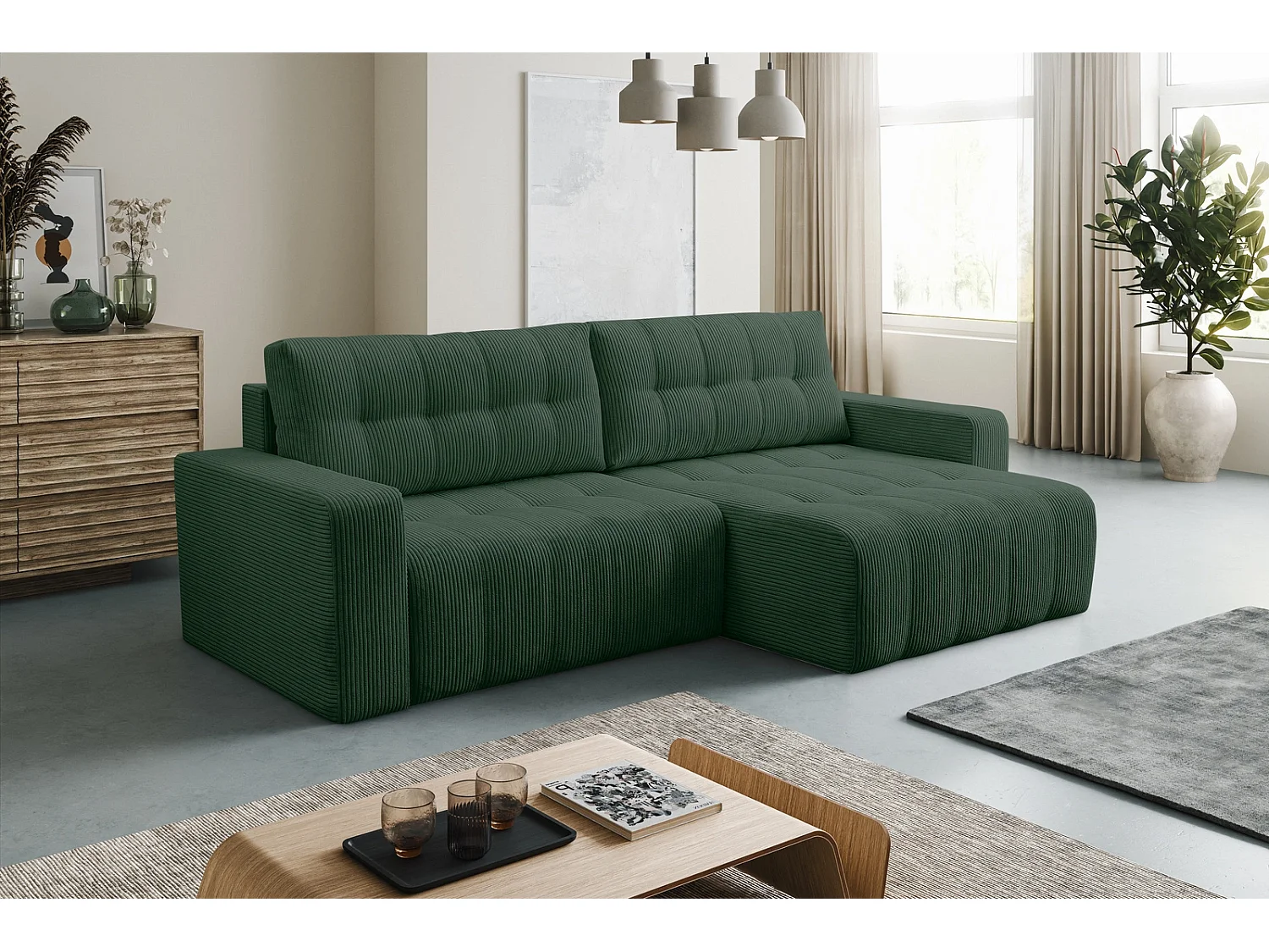 Ecksofa mit Schlaffunktion Palermo - Cord Flaschengrün Poso 14 - Bettkasten