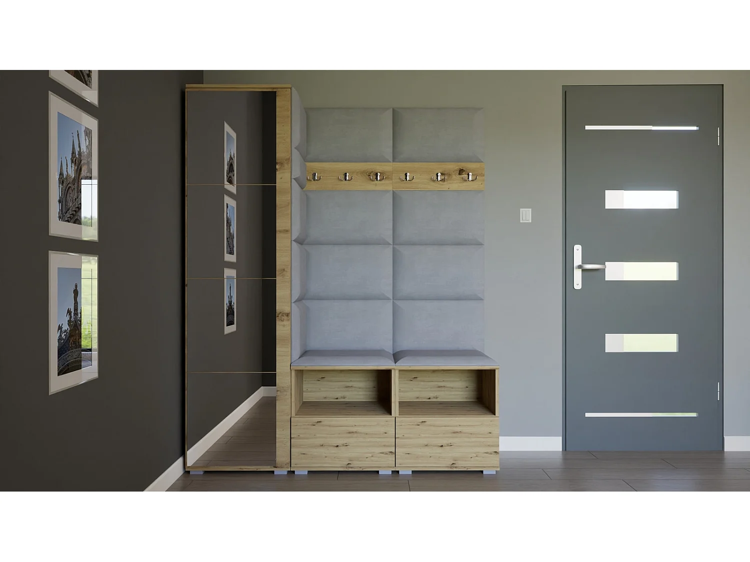 Halcombinatie Nela II met spiegel - 150 cm - Artisan Eiken - Trinity 32 - Lichtgrijs