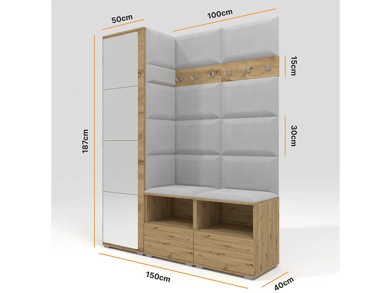 Halcombinatie Nela II met spiegel - 150 cm - Artisan Eiken - Trinity 32 - Lichtgrijs