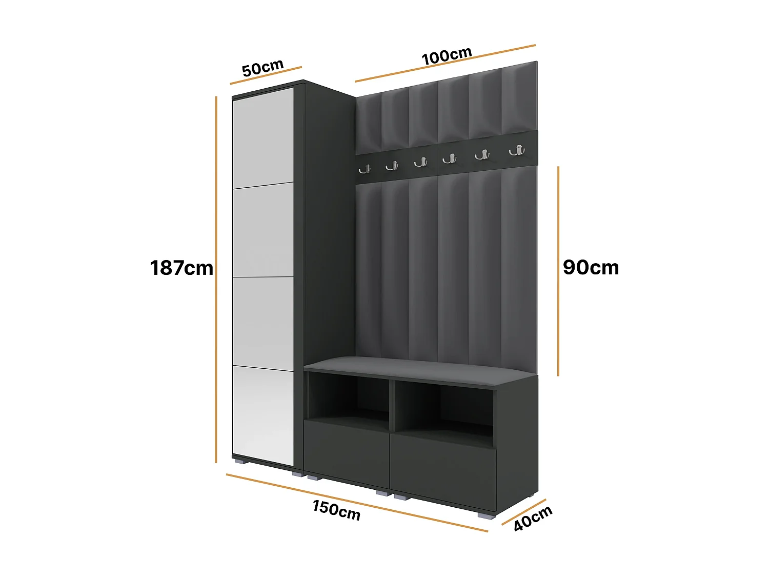 Halcombinatie Nela II LUX met spiegel - 150 cm - Grafiet - Trinity 15 - Donkergrijs