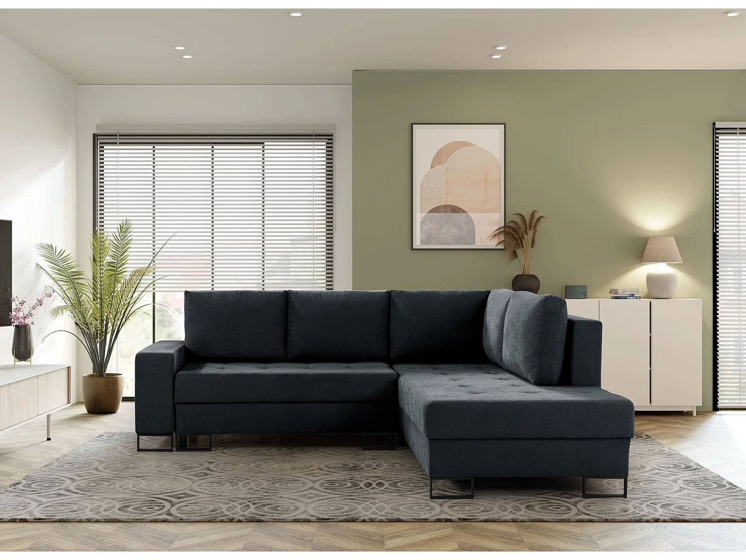 Ecksofa mit Schlaffunktion Rechts Trevi - Chenille Schwarz Wind 99 - Metallfüße