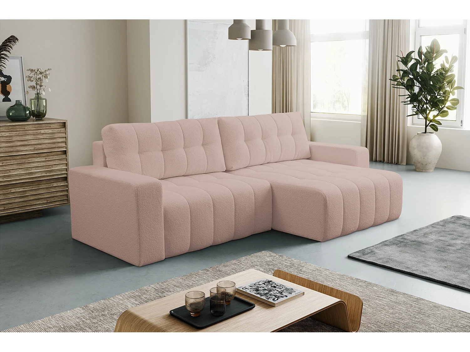 Hoekbank met Slaapfunctie Palermo - Stof Beige Bravo 28 - Opbergruimte