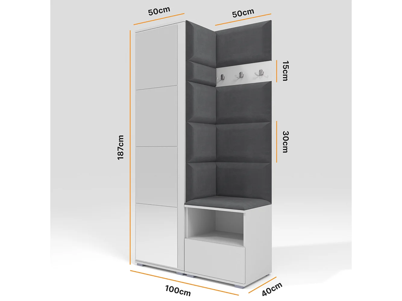 Garderobe Nela I mit Spiegel - 100 cm - Matt Weiß - Trinity 15 - Dunkelgrau