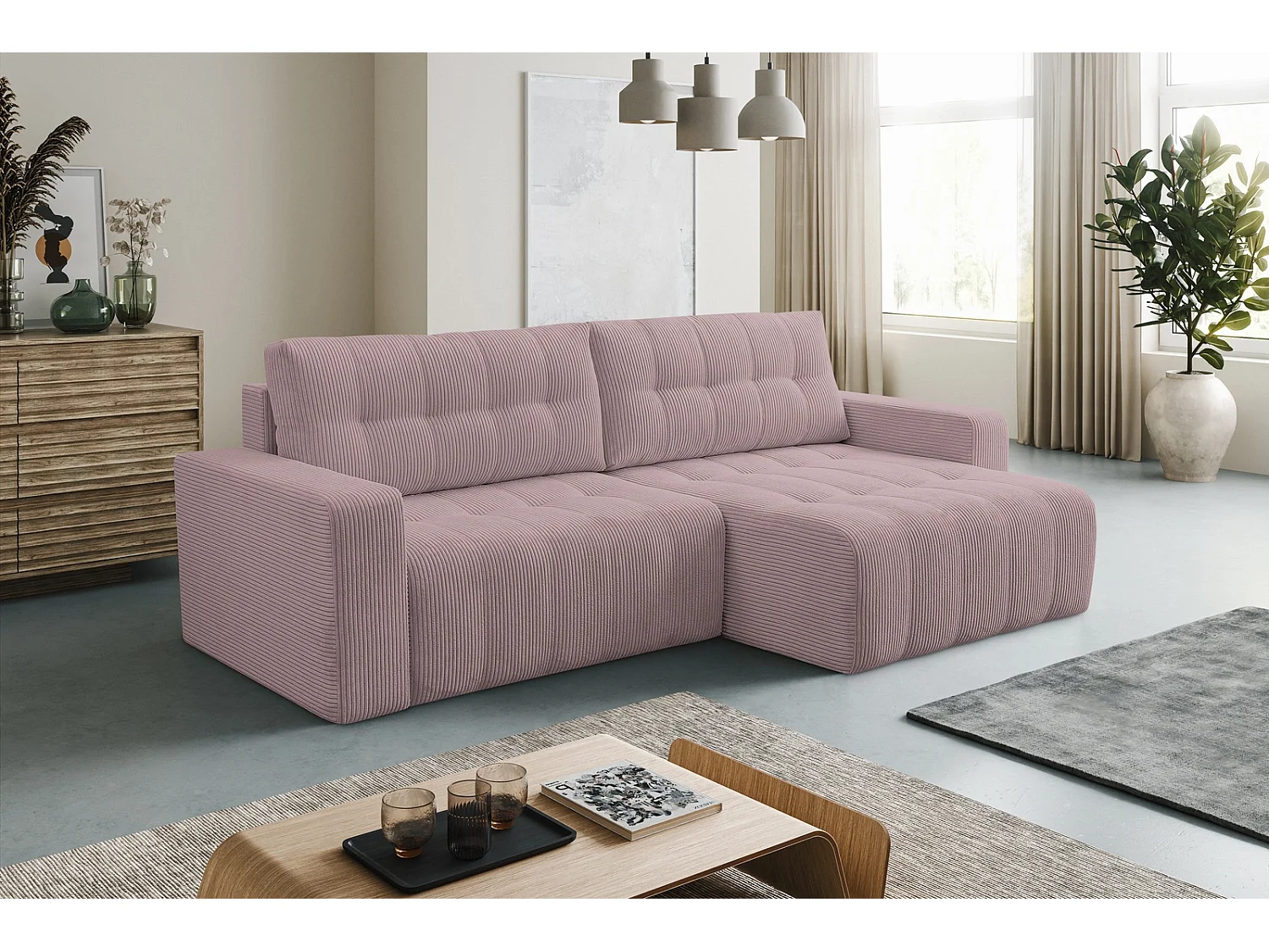 Ecksofa mit Schlaffunktion Palermo - Cord Flieder Poso 27 - Bettkasten