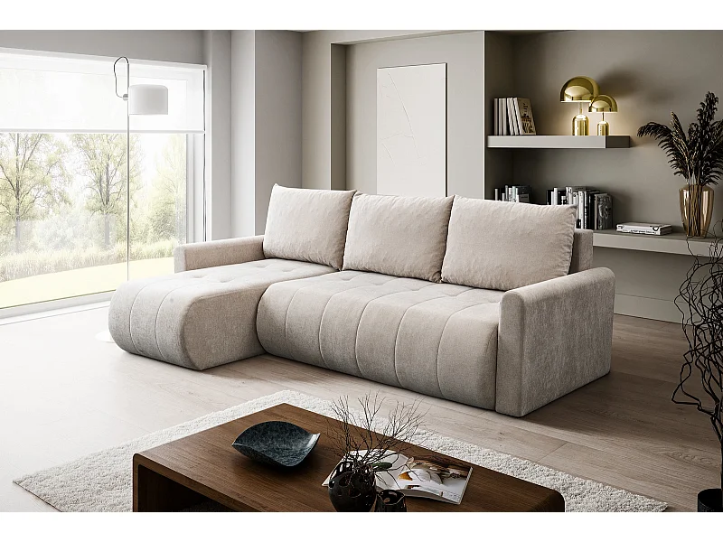 Hoekbank met Slaapfunctie Primo - Chenille Crème Wind 05 - Opbergruimte