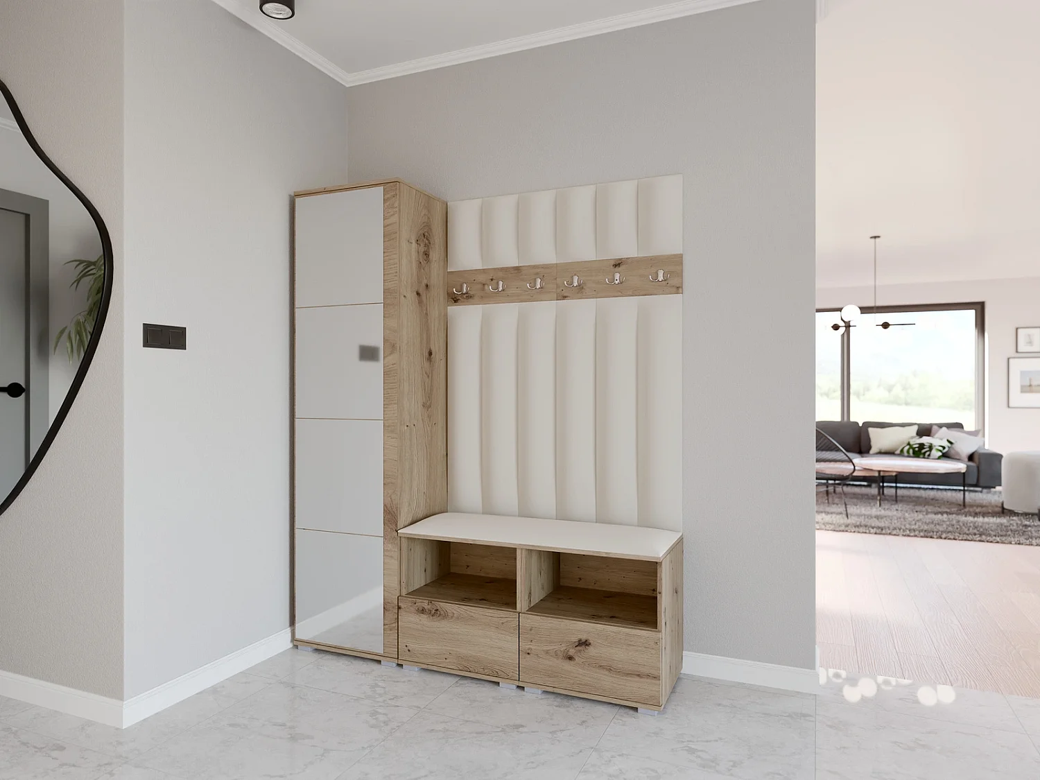 Vestiaire Nela II LUX avec miroir - 150 cm - Chêne Artisan - Trinity 01 - Crème