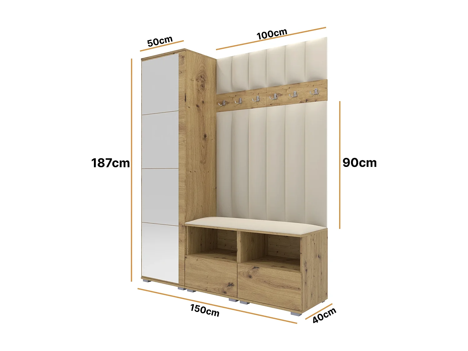 Vestiaire Nela II LUX avec miroir - 150 cm - Chêne Artisan - Trinity 01 - Crème