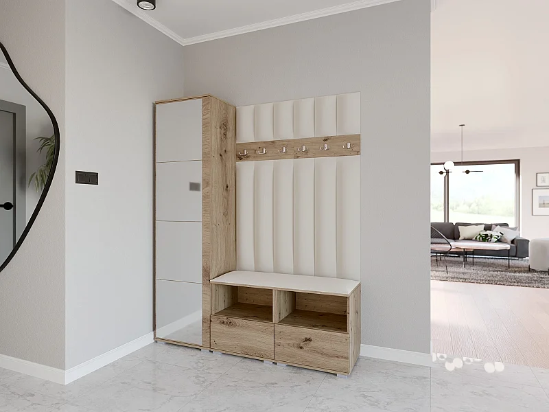 Vestiaire Nela II LUX avec miroir - 150 cm - Chêne Artisan - Trinity 01 - Crème