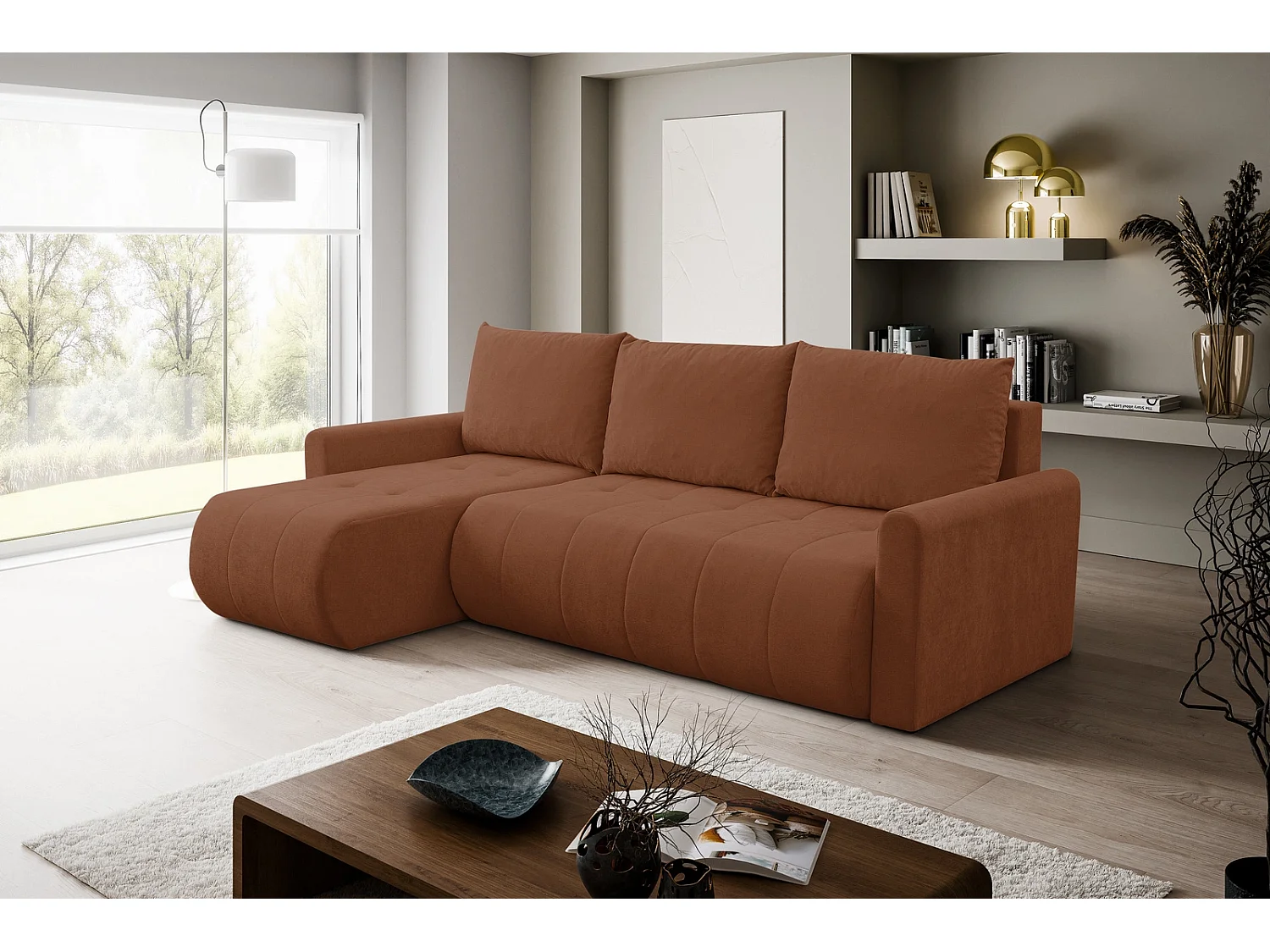 Hoekbank met Slaapfunctie Primo - Chenille Roestbruin Wind 56 - Opbergruimte