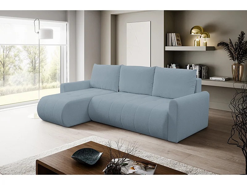 Hoekbank met Slaapfunctie Primo - Geweven Stof Lichtblauw Gerra 60 - Opbergruimte