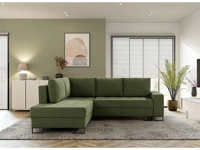 Ecksofa mit Schlaffunktion Links Trevi - Chenille Grün Wind 34 - Metallfüße