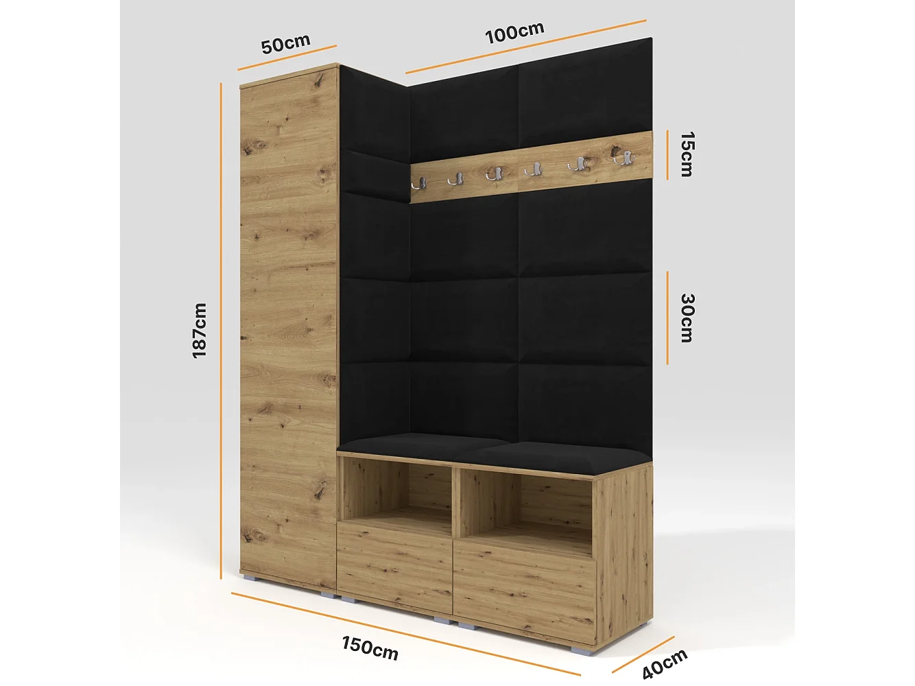 Halcombinatie Nela II - 150 cm - Artisan Eiken - Trinity 16 - Zwart